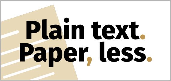 A page with stylised lines (representing text) sits at an angle on the left of the image, with text overlaying it that reads Plain text. Paper, less